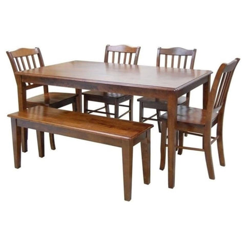 Oakestry Shaker 6-Pc Dining Set Walnut Solid Wood Table Four Slat Back Chairs Bench Classic Farmhouse Kitchen Furniture Spacious Durable Comfortable Family Dining Room Traditional Country Rustic Decor