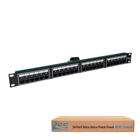 ICC Voice 8P2C Telco Patch Panel with 24 Ports, Rear Female Telco/Amphenol Connector, 1 RMS, 19-Inch Rack-Mounted Patch Panel for Telephone, PBX, IP Phone Systems and LANs
