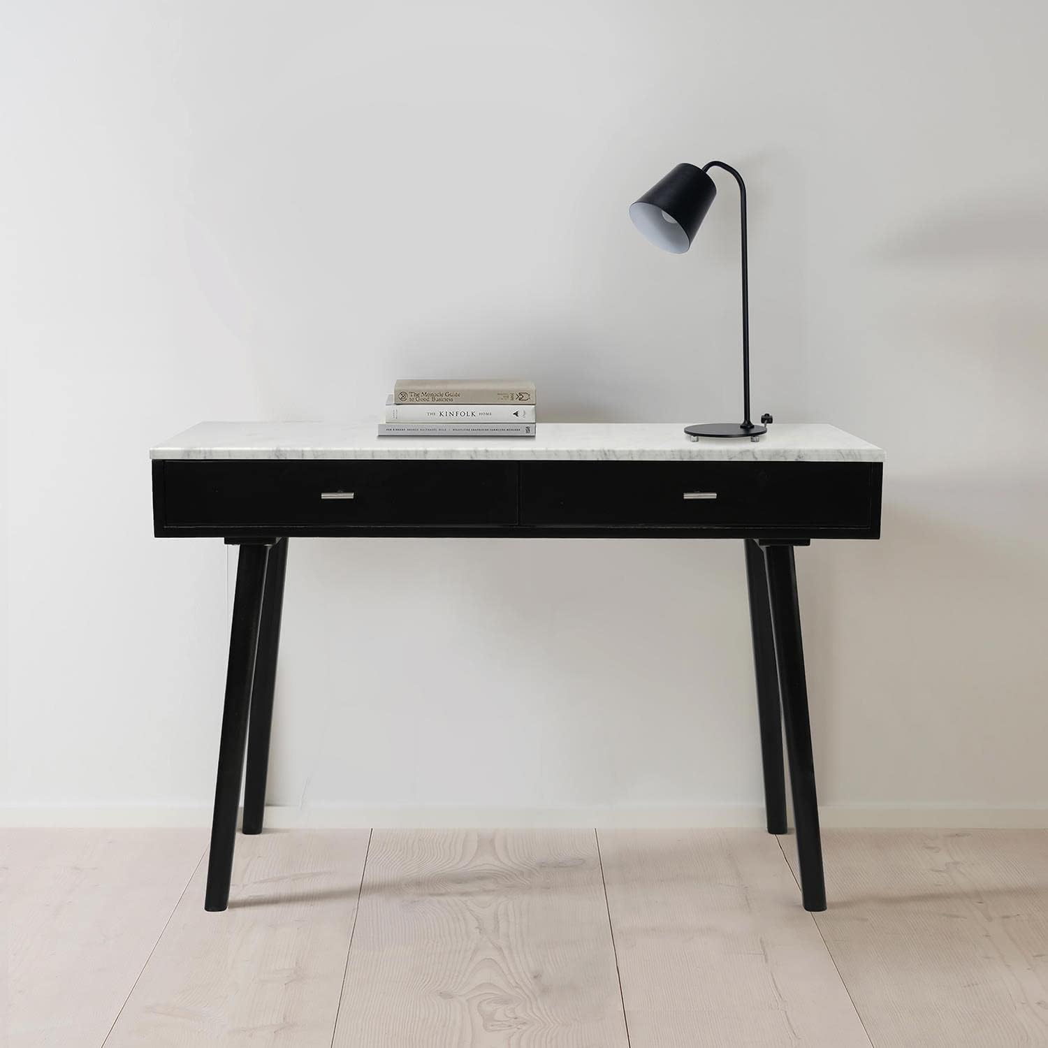 Bianco Contemporary Durable Viola Italian Carrara White Marble Writing Desk with Storage & Black Legs - 44", Rectangular