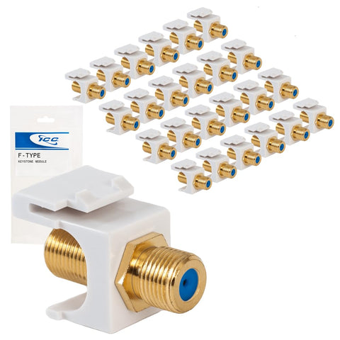 ICC F-Type Keystone Jack, Gold Plated 3 GHz Coax Jack, Female to Female, RG6 RG59 Compatible, Coaxial Wall Plate Insert, White, 25-Pack