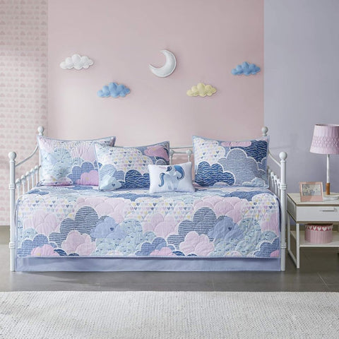 Oakestry 6-Piece Unicorn and Cloud Printed All-Season Bedcover Twin Size Kids Fabric Fitted Sheet Breathable and Silky Soft Set, Kids Blue, Daybed Size