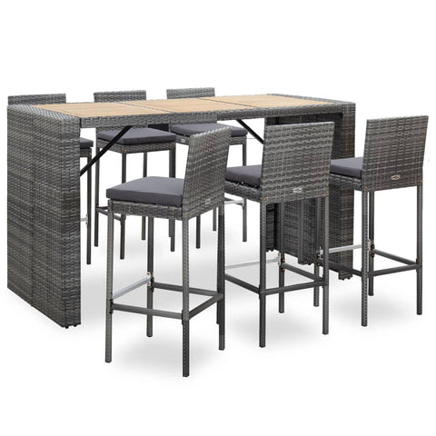 vidaXL Patio Bar Set 7 Piece, Outdoor Bar Table Set with Wood Tabletop, Patio Furniture Set with Cushions, Conversation Set, Poly Rattan Gray