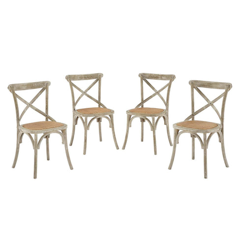 Modway Gear Rustic Modern Farmhouse Elm Wood Rattan Four Dining Chairs in Gray