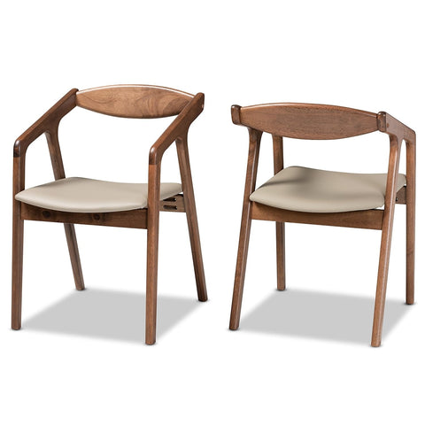 Baxton Studio Harland Mid-Century Faux Leather Dining Chair, Grey and Walnut Brown, 2/Set