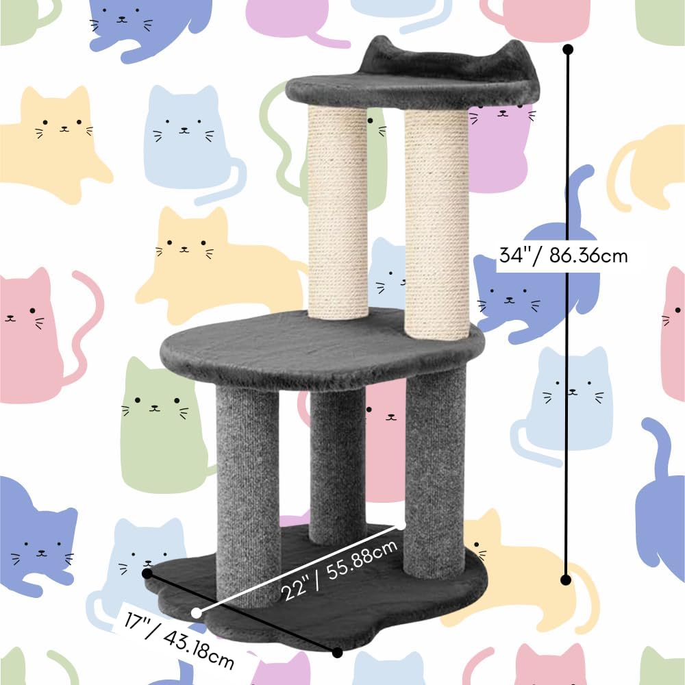 34 Inch Classic Comfort for Indoor Modern Premium Cats and Kittens Scratching Tower Larger Base for Better Stability, (Furs: Grey, Rope: Natural)