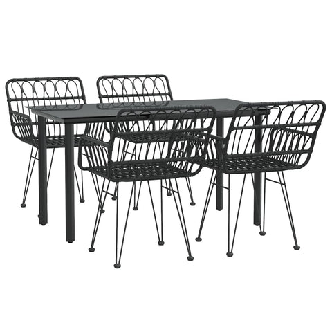 vidaXL 5 Piece Patio Dining Set - Black Poly Rattan Design with Tempered Glass Tabletop and Comfortable Chairs for Outdoor Gatherings