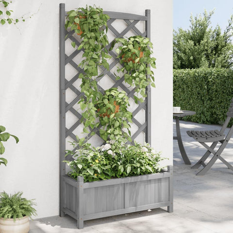 vidaXL Solid Fir Wood Planter with Trellis - Gray Raised Garden Bed/Outdoor Rectangular Flower Box for Climbing Plants - Patio and Garden Decor, 29.5x13.8x59.1 inches, 365489