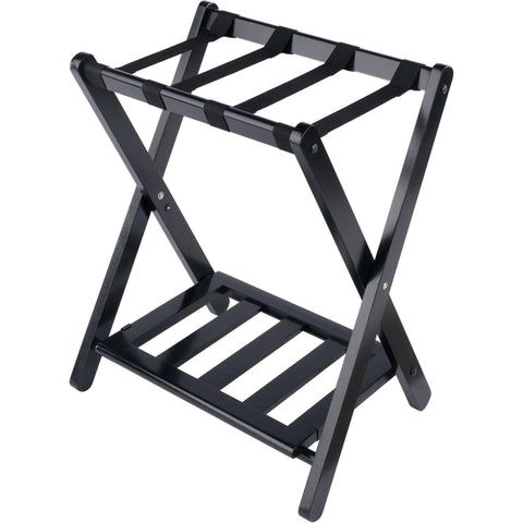 Oakestry Raya Transitional Solid Wood Luggage Rack with Storage Shelf, Foldable Suitcase Stand for Guest Room, Bedroom & Hotel Use – Black Finish