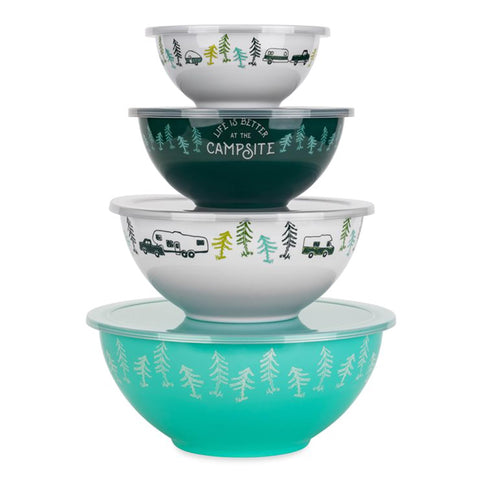 Camco Nesting Bowl Set with Lids - Features Life is Better at The Campsite Design - Camping Dishware Set Includes 4 Durable Melamine Bowls with 4 Plastic Lids - Camping Kitchen Essentials(53451)