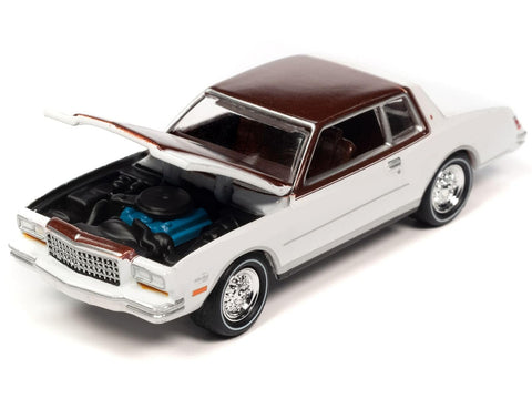 Johnny Lightning 1980 Chevrolet Monte Carlo White and Dark Claret Brown Metallic Top and Hood Limited Edition to 3508 Pieces Worldwide OK Used Cars 2023 Series 1/64 Diecast Model Car