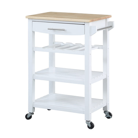 Convenience Concepts Ellaine Butcher Block Kitchen Cart 24.75" - 4 Tier Kitchen Island with Storage Drawer, Dining Room Wine Rack on Wheels, Coffee Station Table, Mobile Utility Trolley, White