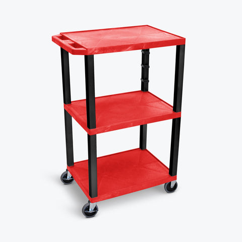 LUXOR UCPL1RE-B 42"H 3-Shelf Utility Cart - Electric, Red Shelves, Black Legs