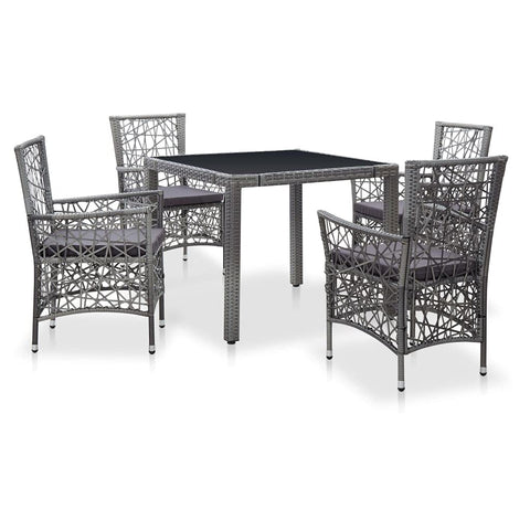 vidaXL 5 Piece Patio Dining Set â€“ Poly Rattan Outdoor Furniture Set with Tempered Glass Table and Comfortable Cushioned Chairs, Ideal for Poolside, Garden, or Backyard Deck