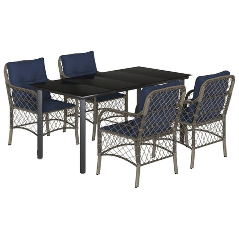 vidaXL 5-Piece Patio Dining Set - Gray PE Rattan with Navy Blue Cushions, Tempered Glass Table Top, Steel Frame