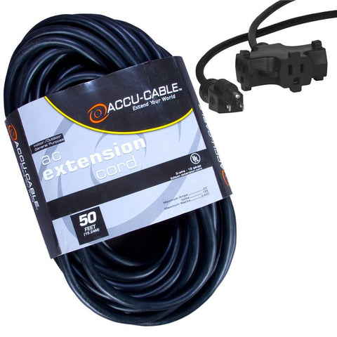 Accu Cable EC123-3FER50 Black 12 Gauge 3 Plug 50 Ft Extension Cable