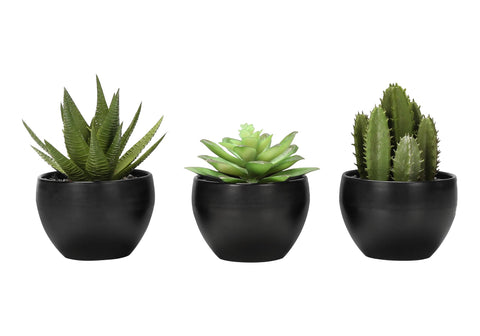 Monarch Specialties I 9556 Artificial Plant, 6" Tall, Succulent, Set of 3, Green Plants, Black Pots