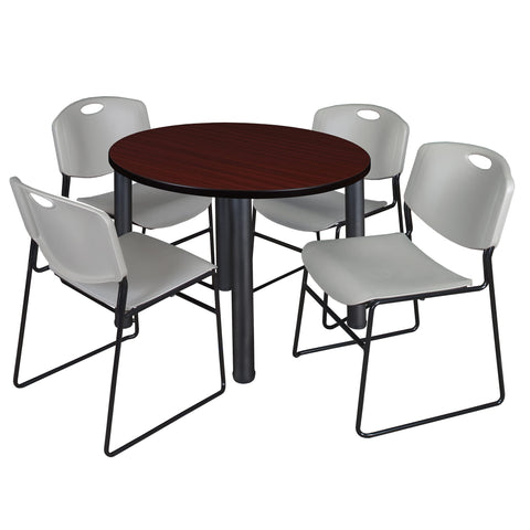 Regency Kee 36 in Round Breakroom Table- Mahogany Top, Black Legs, 4 Zeng Stack Chairs- Grey