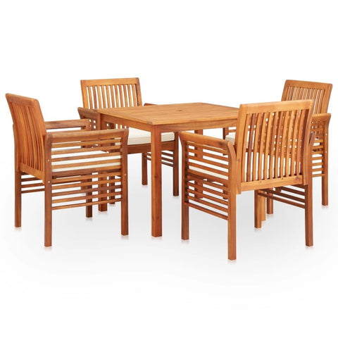 vidaXL Solid Acacia Wood 5 Piece Patio Dining Set with Cream White Cushions Garden Terrace Dinner Table Chairs Backyard Courtyard Porch Poolside Home
