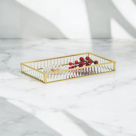Veldra Gold Rectangular Fluted Glass Tray - Small 9.5" - Rectangular Glass Tray for Living Room, Elegant Gold Finish - by Cheungs