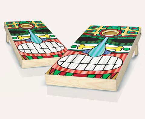 Skip's Garage Tiki Face Colors Cornhole Set - 2x4 Boards (All Weather Bags) - Include Hole + Edge Lights + Score