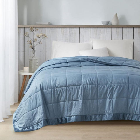 Oakestry Single Layered Blanket Moisture Wicking Treatment Blanket with Satin Trim Lightweight Down Alternative Blankets for All Season Full/Queen, Slate Blue