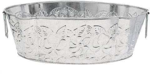 Oakestry C-52 Embossed Oval Galvanized Steel Tub with Folding Side Handles Used to Hold Drinks or Plants, Decorative Tub for Patio or Garden