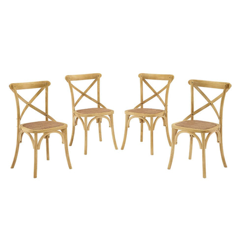 Modway Gear Rustic Modern Farmhouse Elm Wood Rattan Four Dining Chairs in Natural