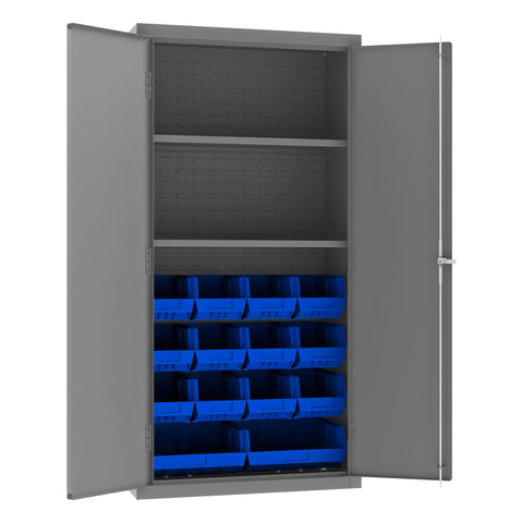 Durham 3602-BLP-14-2S-5295 Lockable Cabinet with 14 Blue Hook-On Bins, 2 Adjustable Shelves, Flush Door Style, 36" Wide, 14 Gauge, Gray