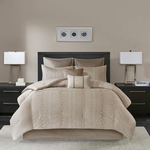 Oakestry 8-Pc Camelia Cozy Soft Comforter Set Geometric Embroidery Design Luxury All Season Bedding with Matching Shams, King (104 in X 92 in), Natural