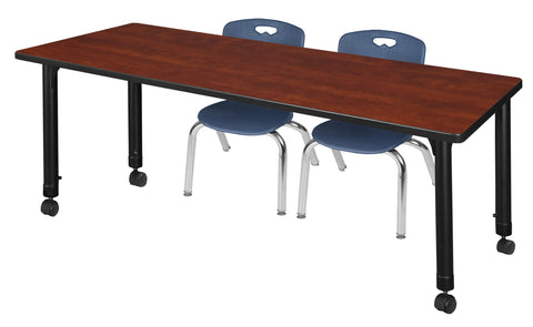 Regency Kee 72 x 24 in. Mobile Adjustable Classroom Table- Cherry & 2 Andy 12 in. Stack Chairs- Blue