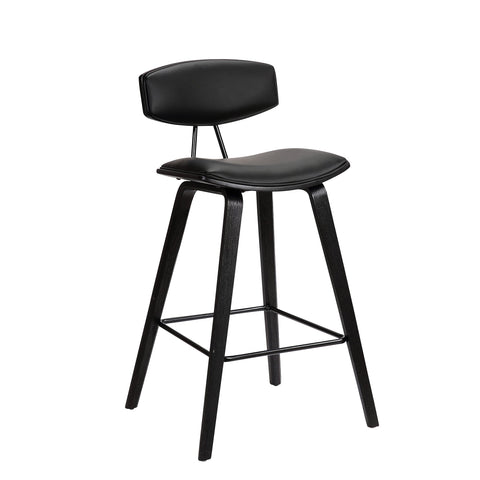 Armen Living Fox 25.5" Counter Height Black Faux Leather and Black Wood Mid-Century Modern Bar Stool