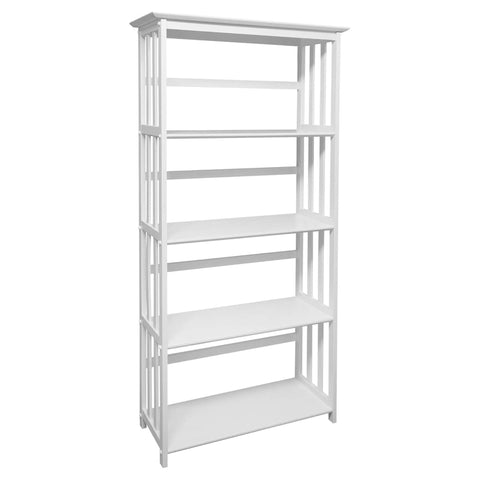Oakestry Mission Style 5 Shelf White Bookcase Tall Wooden Bookshelf Vertical Storage Organizer Open Display Rack Living Room Bedroom Home Office Durable Transitional Furniture Minimalist Design