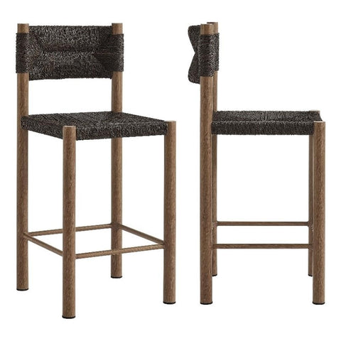 Modway Parkland Outdoor Wicker Counter Stools Set of 2 in Walnut — Counter Height Rattan Patio Stools with Backrest — All-Weather Outdoor Accent Stools for Backyard, Porch, or Balcony