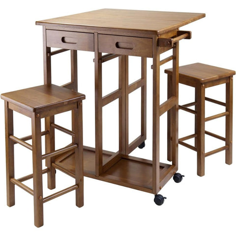 Oakestry Suzanne Three Piece Space Saver Kitchen Set Teak Solid Wood Drop Leaf Table with Two Tuck Away Stools Compact Dining Solution with Built in Storage Drawers and Casters for Easy Mobility