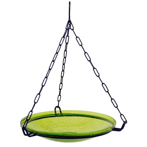Achla Designs CGB-14FG-RM 14 Inch Hand Blown Crackle Glass Hanging Birdbath Bowl with Rail Mount Bracket for Backyard Gardens and Habitats, Fern Green