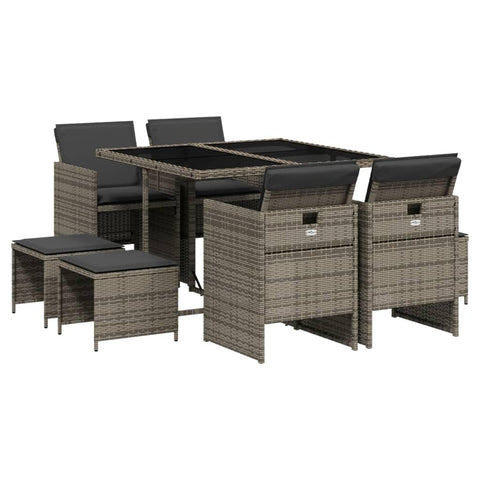 vidaXL - 9 Piece Patio Dining Set with Cushions - Gray Poly Rattan Furniture with Glass Tabletop, Chairs & Stools