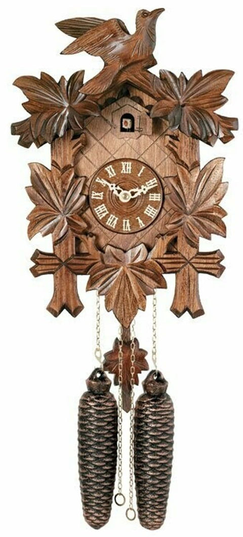 River City Clocks Traditional German Cuckoo Clock with Five Hand-Carved Maple Leaves and One Bird, 14-Inch Tall