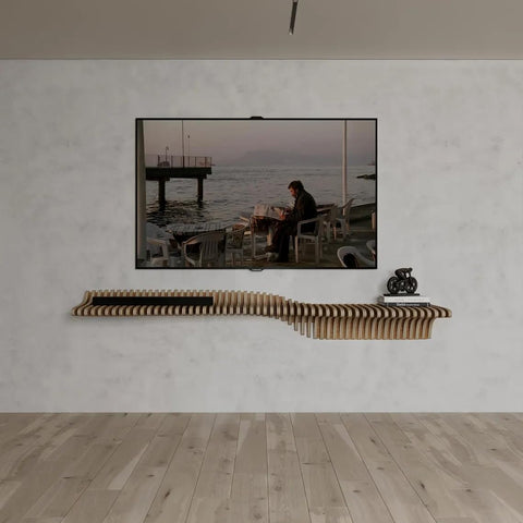 Parametric 60 inch Floating Shelf TV Unit Modern Geometric Wooden Wall Piece Decor Natural Oak Color 3D Wavy Living and Gaming Room Shelf