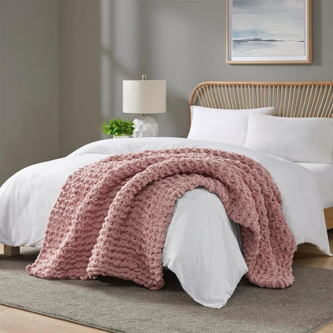 Oakestry Chenille Chunky Knit Handmade Throw Blanket All-Season Soft Lightweight and Breathable with Luxurious and Classic Design, 50" W X 60" L, Blush