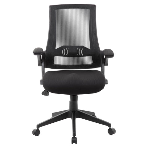 Oakestry Black Mesh Flip Arm Task Chair Ergonomic Adjustable Swivel Comfortable Executive Seating Lumbar Support Breathable Backrest Rolling Wheels Padded Seat Contemporary Design Flexible Armrests