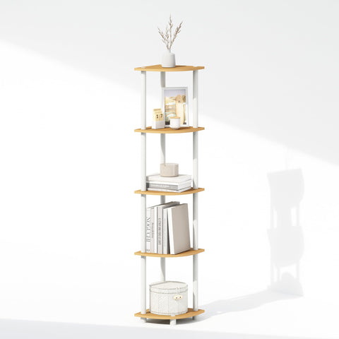 Furinno Turn-N-Tube Storage Shelves, 5-Tier Book Shelf, Corner Shelf with Open Shelves, Toollesss Assembly, for Organization and Storage, Living Room, Home Office, Hallway, Bedroom, Light Beech