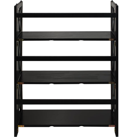 Oakestry X-Pattern 3-Tier Solid Wood Foldable & Stackable Bookcase – Compact Portable Shelving Unit for Home Storage, Display, and Space-Saving Organization (Black)