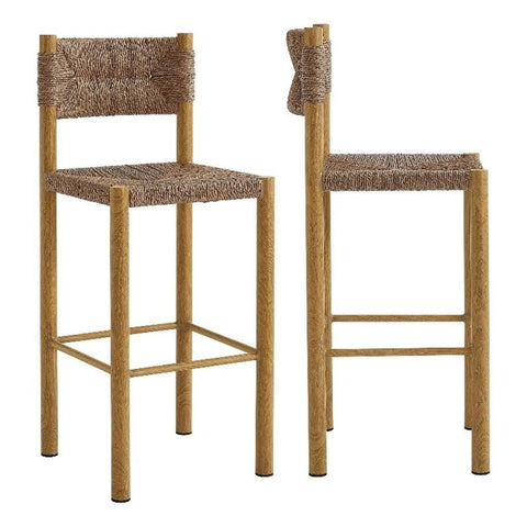 Modway Parkland Outdoor Wicker Bar Stools Set of 2 in Natural — Bar Height Rattan Patio Stools with Backrest — All-Weather Outdoor Accent Stools for Backyard, Porch, or Balcony