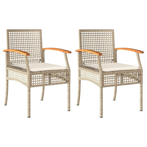 vidaXL Modern Garden Chairs Set with Removable Cushions 2 Pcs Beige Poly Rattan Acacia Wood for Outdoor Seating Patio Relaxation Chair Furniture Bistro Balcony Dining