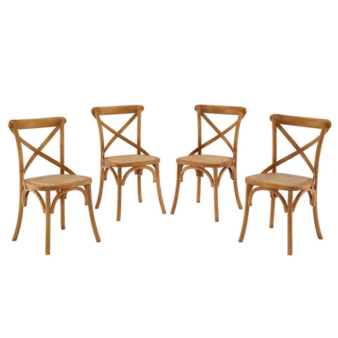 Modway Gear Rustic Modern Farmhouse Elm Wood Rattan Four Dining Chairs in Walnut