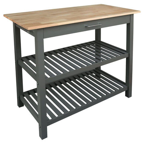 Oakestry Kitchen Island Slate Gray Solid Hardwood Top Rolling Cart Storage Shelves Drawer Towel Bar 40 Inch Wide Compact Durable Modern Home Cooking Prep Station Stylish Multi-Function Furniture
