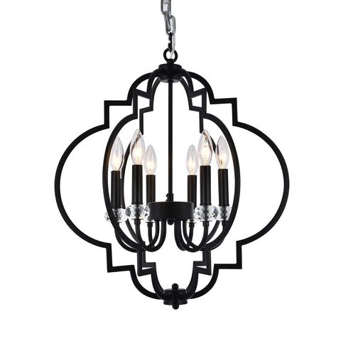 Bethel Black Caged Ceiling Fixture with Clear Crystal Bobeches and Candle Light Interior