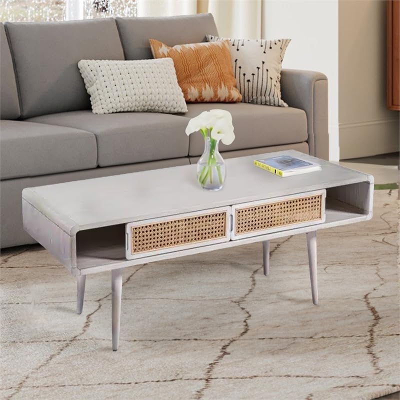 Boraam Wood Cambria Coffee Table - Zebrano Whitewash/Natural Cane Finish