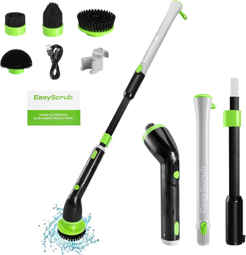 EasyScrub Cordless Electric Spin Scrubber - Powerful 350 RPM Cleaning with 4 Replaceable Heads, Adjustable Extension Handle, IPX7 Waterproof, Ideal for Shower, Tiles, Tubs, and Grout