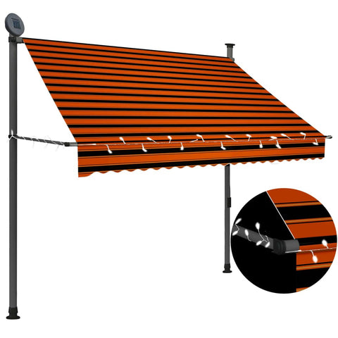 vidaXL Manual Retractable Awning with LED, 78.7" Width, Orange and Brown, Weather-Resistant Fabric with PU Coating, Height and Angle Adjustable, Suitable for Window, Terrace, Balcony or Garden
